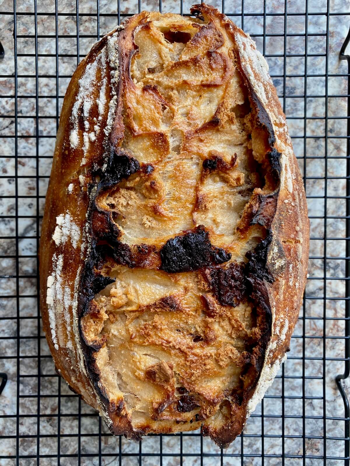 A baked loaf of sourdough s'mores bread on a wire cooling rack.