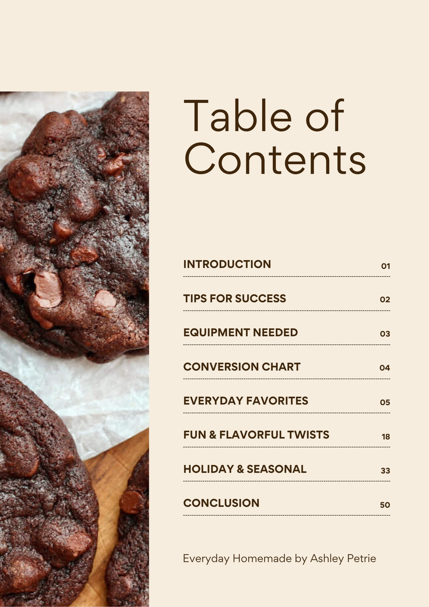 The "Table of Contents" page from the "Everyday Homemade Sourdough Cookie Collection" eBook. There is an image of double chocolate sourdough cookies plus a list of sections and their corresponding page numbers.