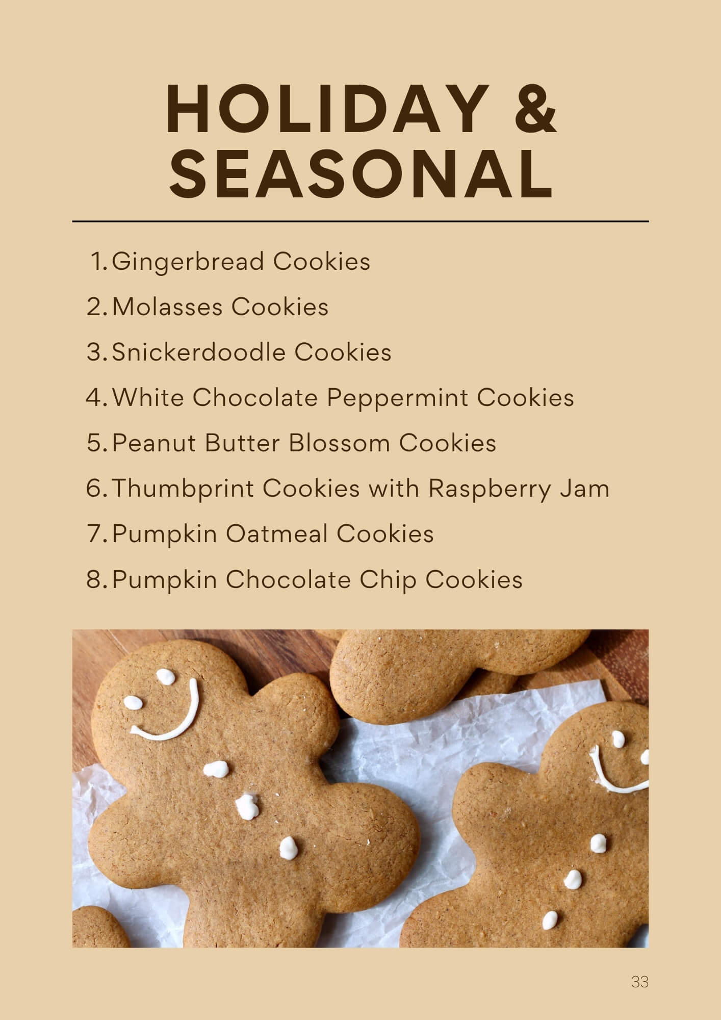 The "Holiday & Seasonal" recipe category page from the "Everyday Homemade Sourdough Cookie Collection" eBook. There is a list of 8 recipes and an image of sourdough gingerbread cookies.