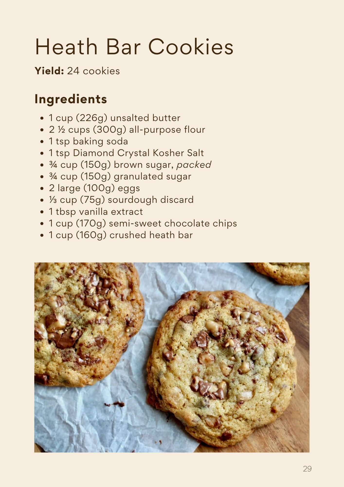 The Heath Bar Cookies ingredients page from the "Everyday Homemade Sourdough Cookie Collection" eBook. There is a list of ingredients and an image of heath bar sourdough cookies.
