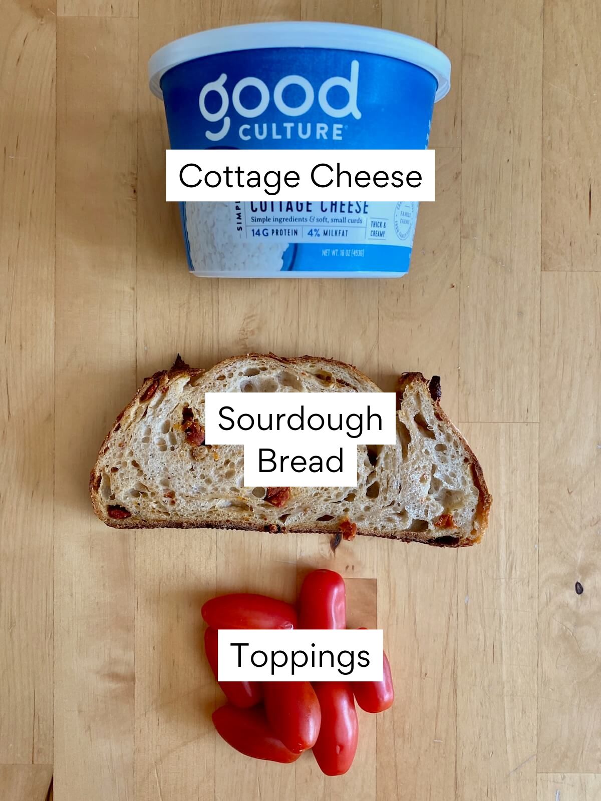 The ingredients to make sourdough cottage cheese toast. Each ingredient is labeled with text. They include cottage cheese, sourdough bread, and toppings.