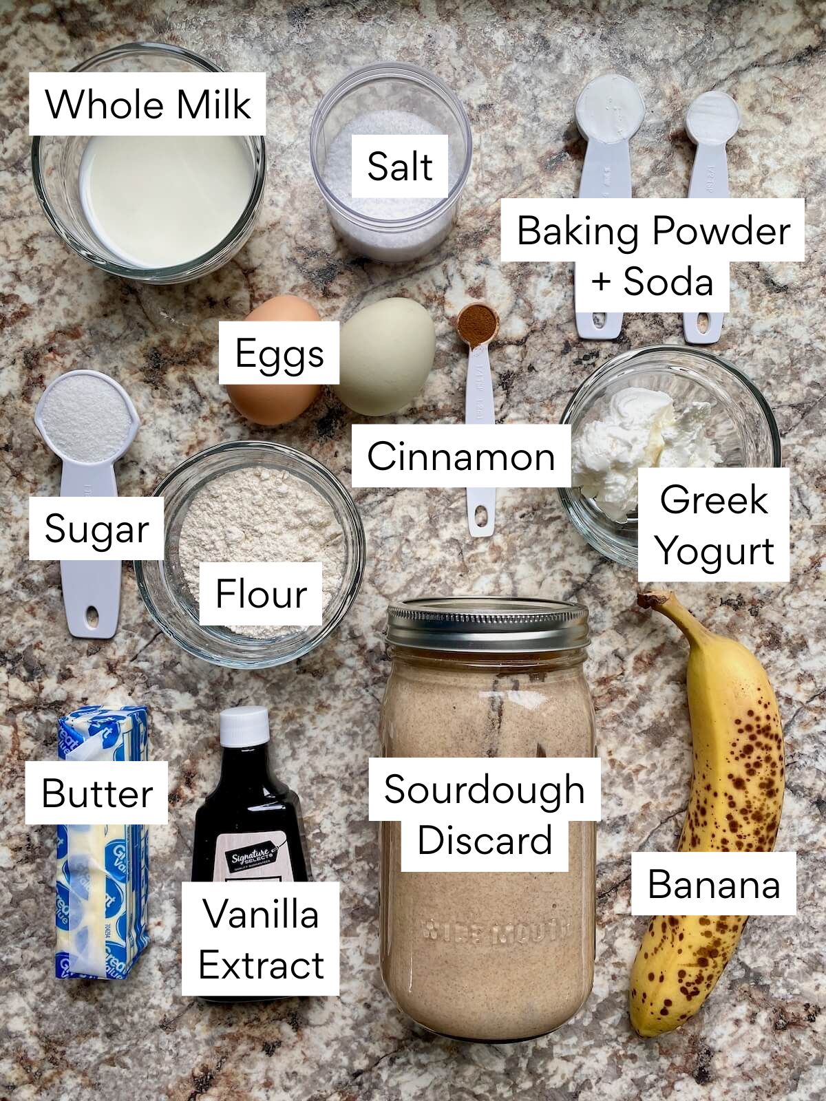 The ingredients to make sourdough banana pancakes. Each ingredient is labeled with text. They include banana, sourdough discard, vanilla extract, butter, sugar, flour, cinnamon, Greek yogurt, eggs, baking powder, baking soda, salt, and whole milk.