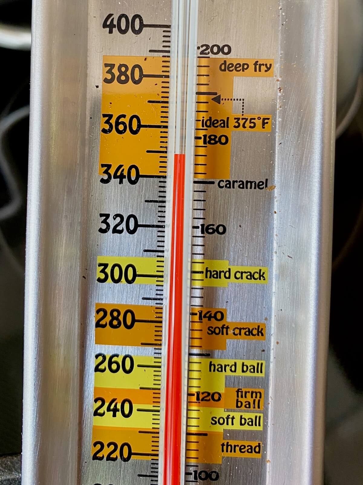 A thermometer that reads 350 degrees Fahrenheit.