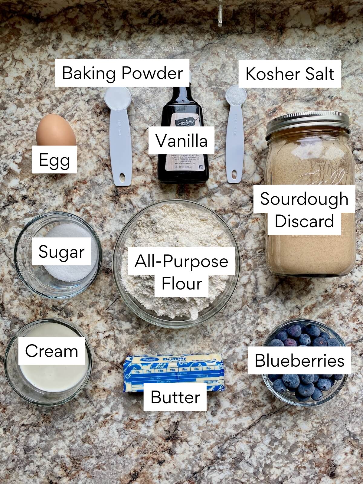 The ingredients to make sourdough scones. Each ingredient is labeled with text. They include sourdough discard, all-purpose flour, cream, sugar, butter, egg, baking powder, vanilla, kosher salt, and blueberries.