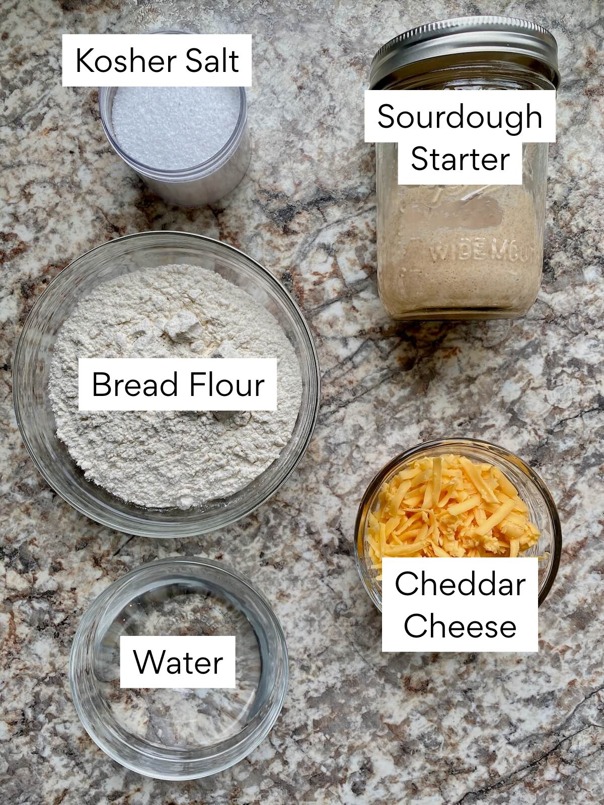 The ingredients to make cheddar sourdough bread. Each ingredient is labeled with text. They include sourdough starter, bread flour, water, cheddar cheese, and salt.