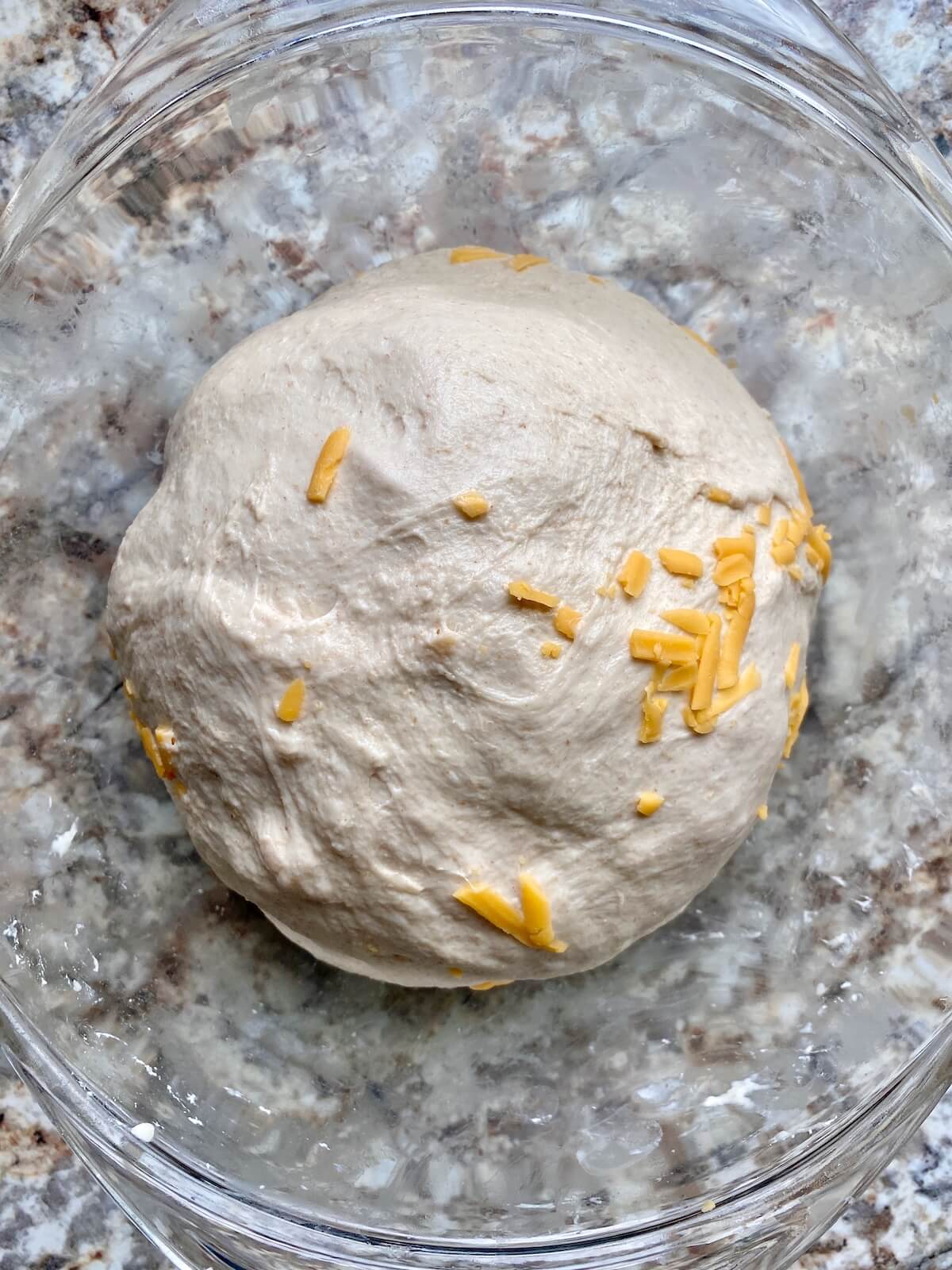 Cheddar cheese sourdough bread dough in a glass bowl after being stretched and folded.