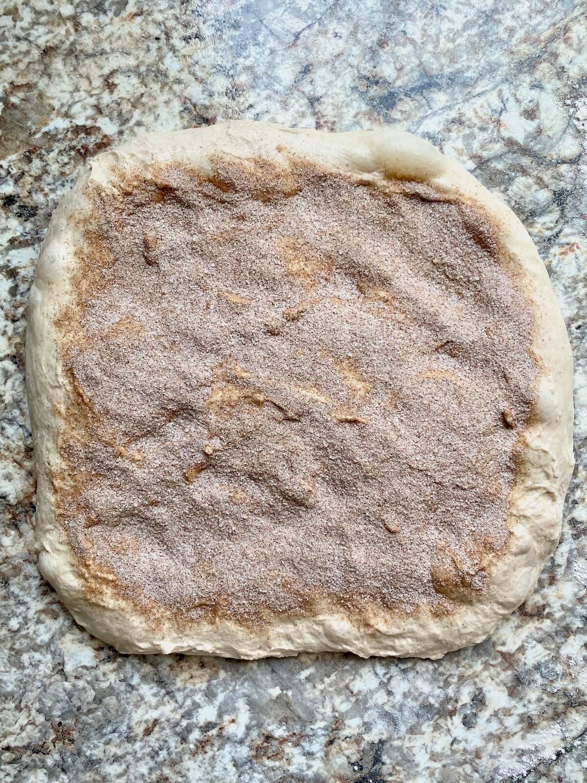 Sourdough bread dough stretched into a rectangle and sprinkled with cinnamon and sugar.