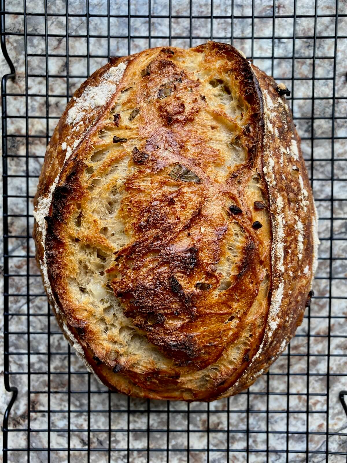 A baked loaf of garlic sourdough bread with herbs on a wire cooling rack.