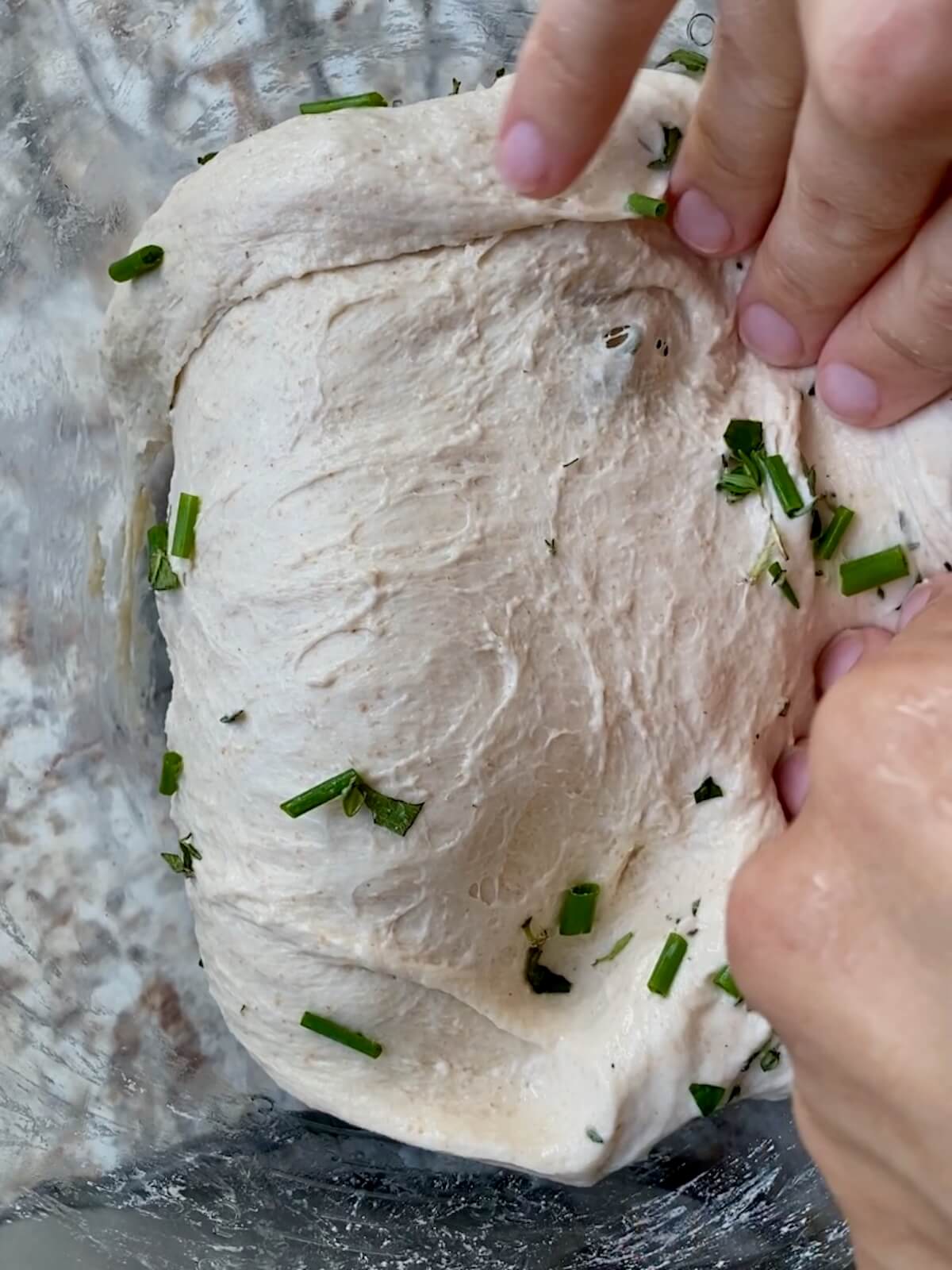 Herb and garlic sourdough bread dough being stretched and folded in a glass bowl.