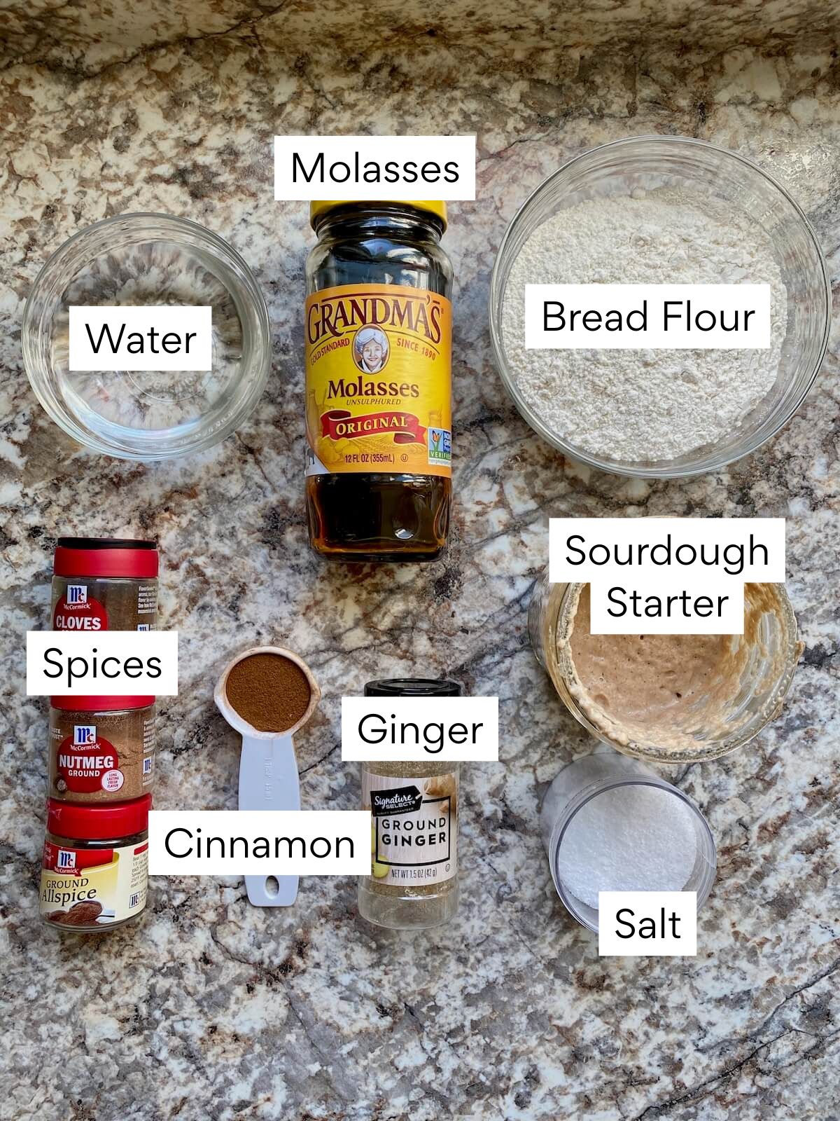 The ingredients to make gingerbread sourdough bread. Each ingredient is labeled with text. They include water, molasses, bread flour, ginger, cinnamon, other spices, sourdough starter, and salt.