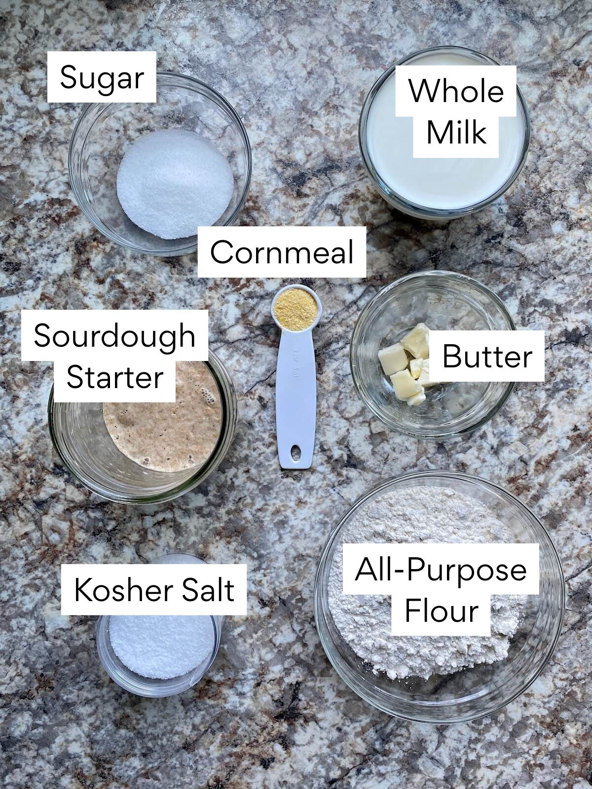 The ingredients to make sourdough English muffins. Each ingredient is labeled with text. They include sugar, whole milk, sourdough starter, butter, kosher salt, all-purpose flour, and cornmeal.