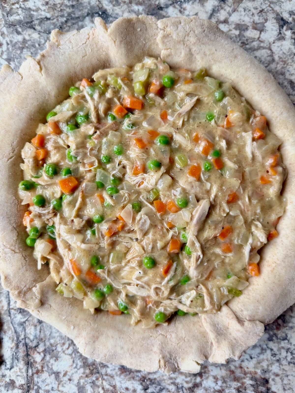 Chicken pot pie filling poured into a pie plate lined with sourdough discard pie crust.