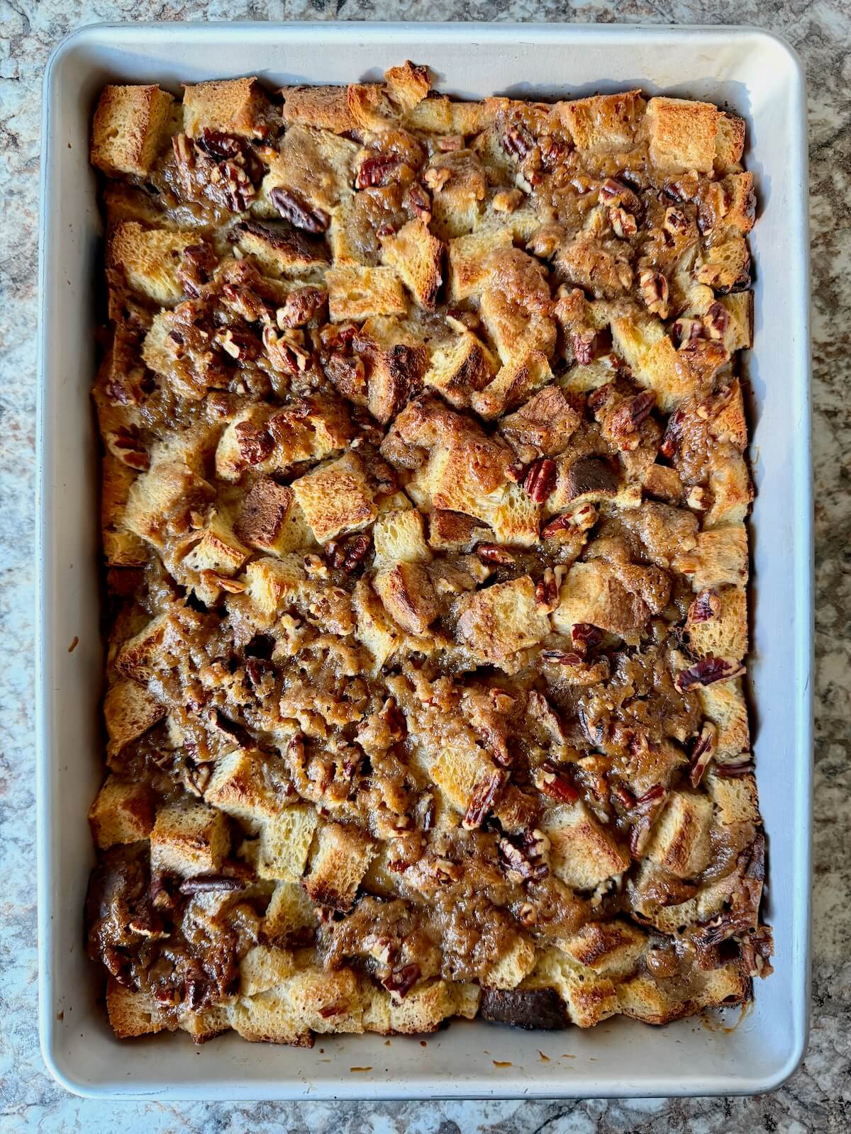 Baked brioche sourdough french toast casserole.