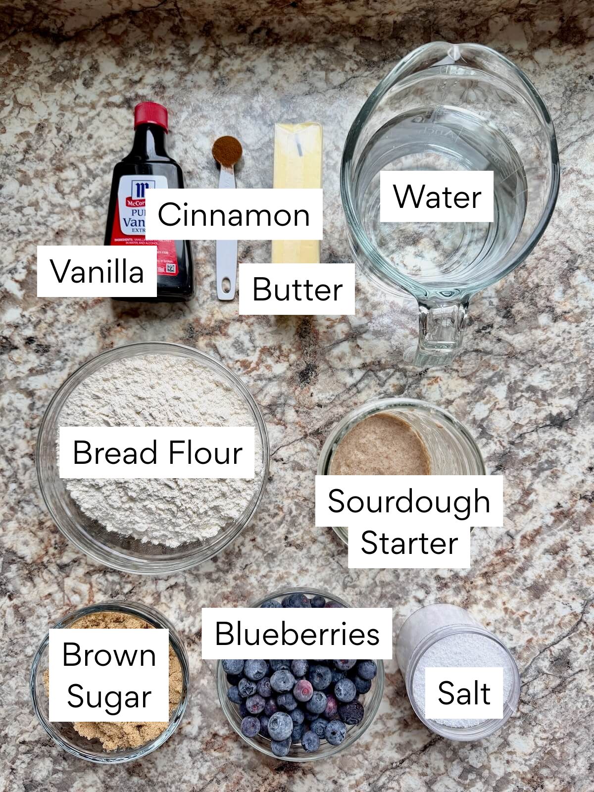The ingredients to make sourdough blueberry focaccia. Each ingredient is labeled with text. They include bread flour, water, sourdough starter, blueberries, brown sugar, salt, butter, vanilla, and cinnamon.