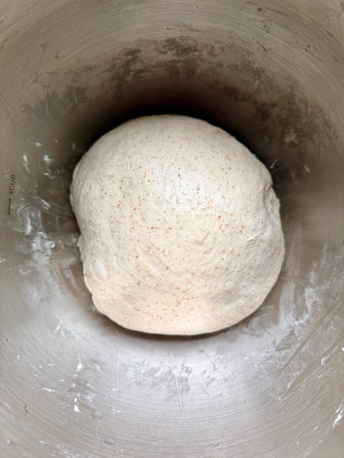 Sourdough monkey bread dough after a few sets of stretch and folds in a stainless steel mixing bowl.