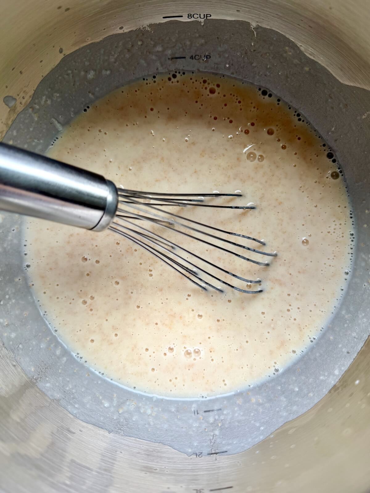 Sourdough starter added to the mashed potato and milk mixture.