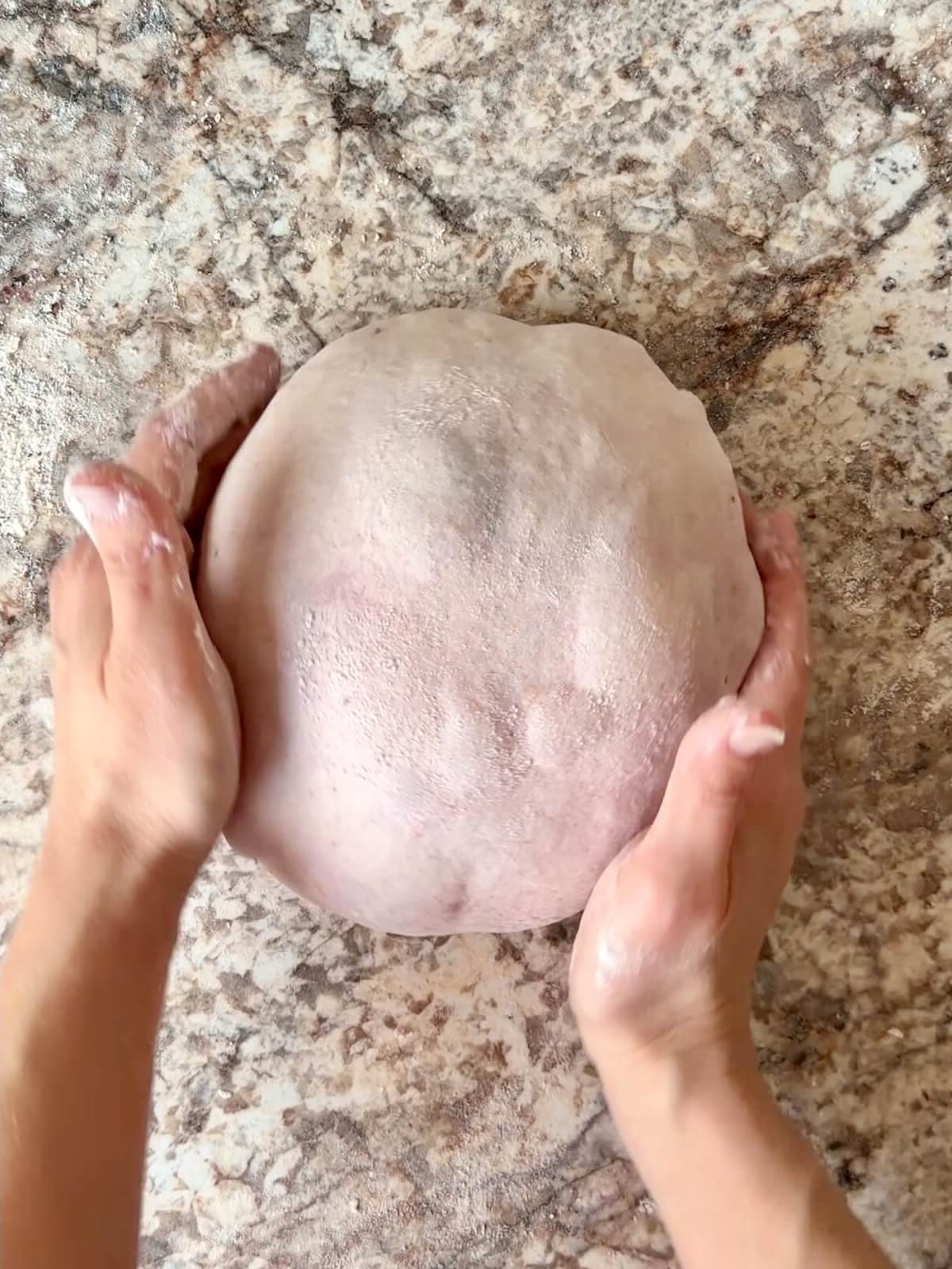 Blueberry sourdough bread dough shaped into a boule on a counter.