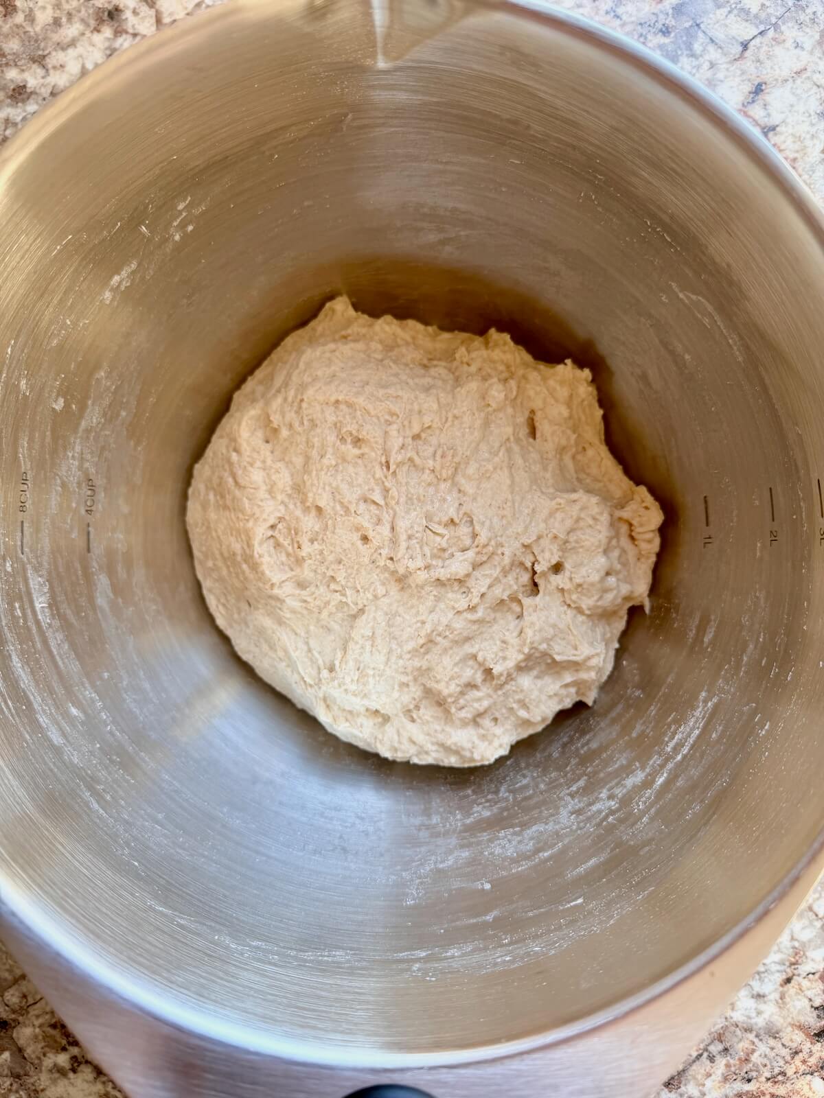 Sourdough bread dough mixed in a stainless steel mixing bowl.