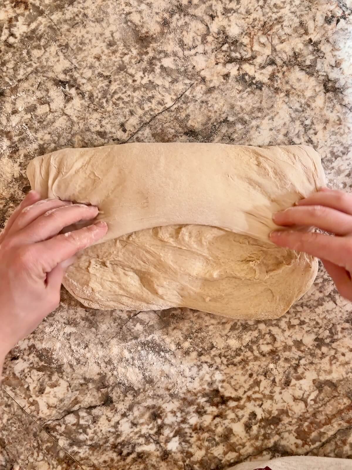 Two hands folding sourdough bread dough over itself on a floured counter.