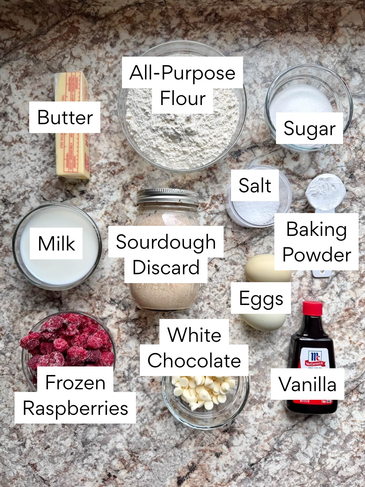 The ingredients to make raspberry white chocolate sourdough muffins. Each ingredient is labeled with text. They include butter, all-purpose flour, sugar, milk, sourdough discard, salt, baking powder, eggs, frozen raspberries, white chocolate, and vanilla.