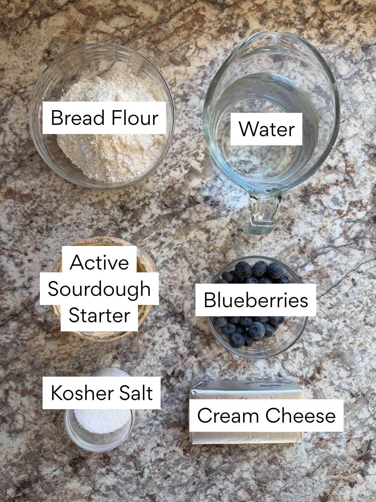 The ingredients to make blueberry cream cheese sourdough bread. Each ingredient is labeled with text. They include bread flour, water, active sourdough starter, blueberries, kosher salt, and cream cheese.