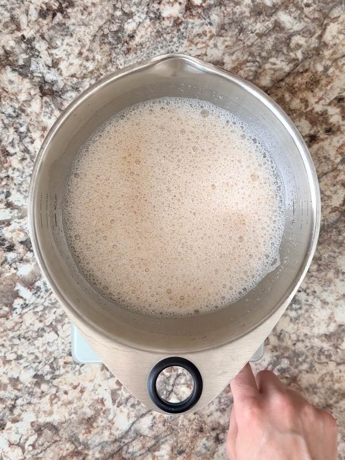 Active sourdough starter, water, milk, and sugar whisked together in a stainless steel bowl.