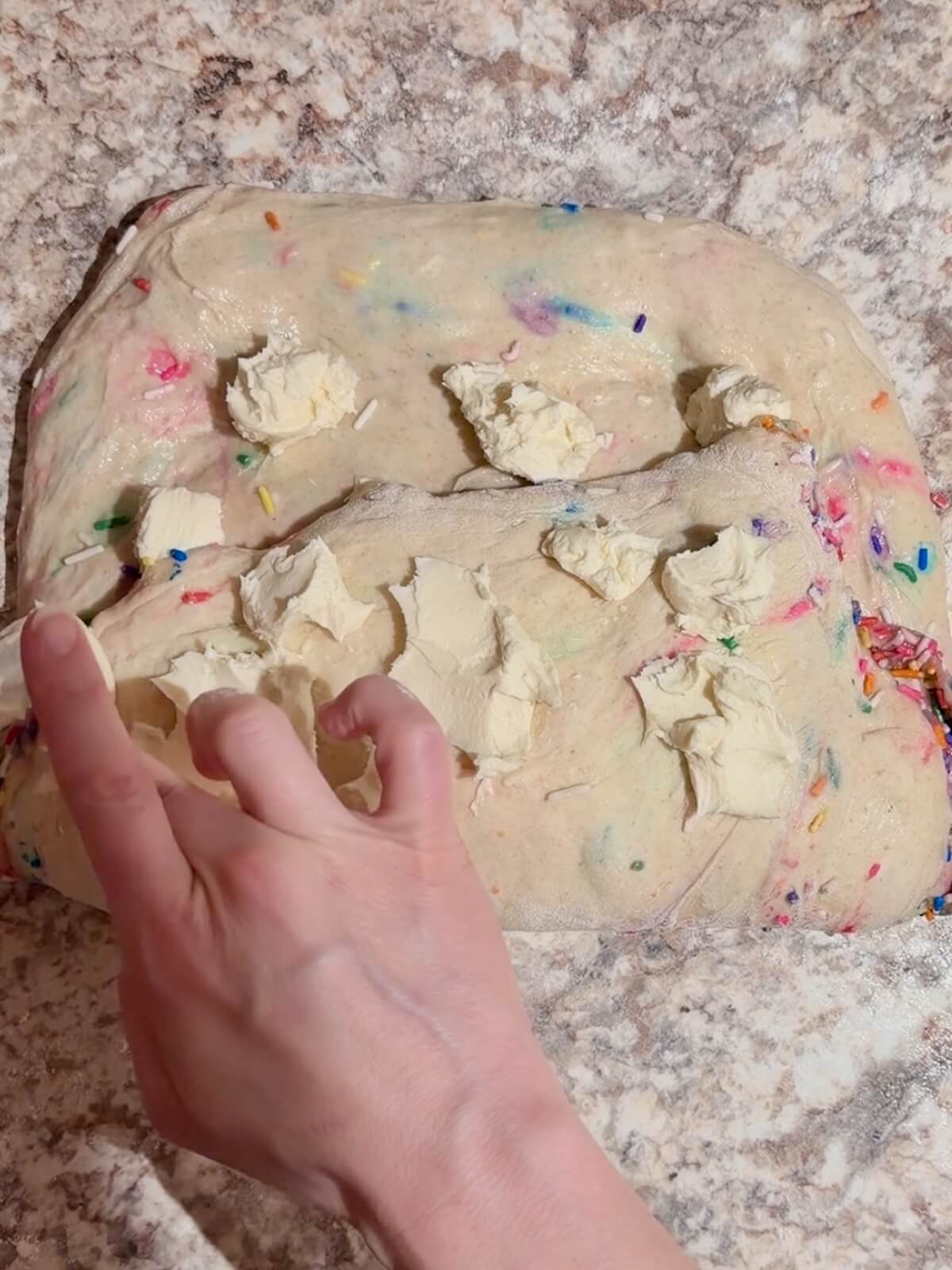 Funfetti sourdough bread dough being shaped on a counter with sweetened cream cheese being folded in.