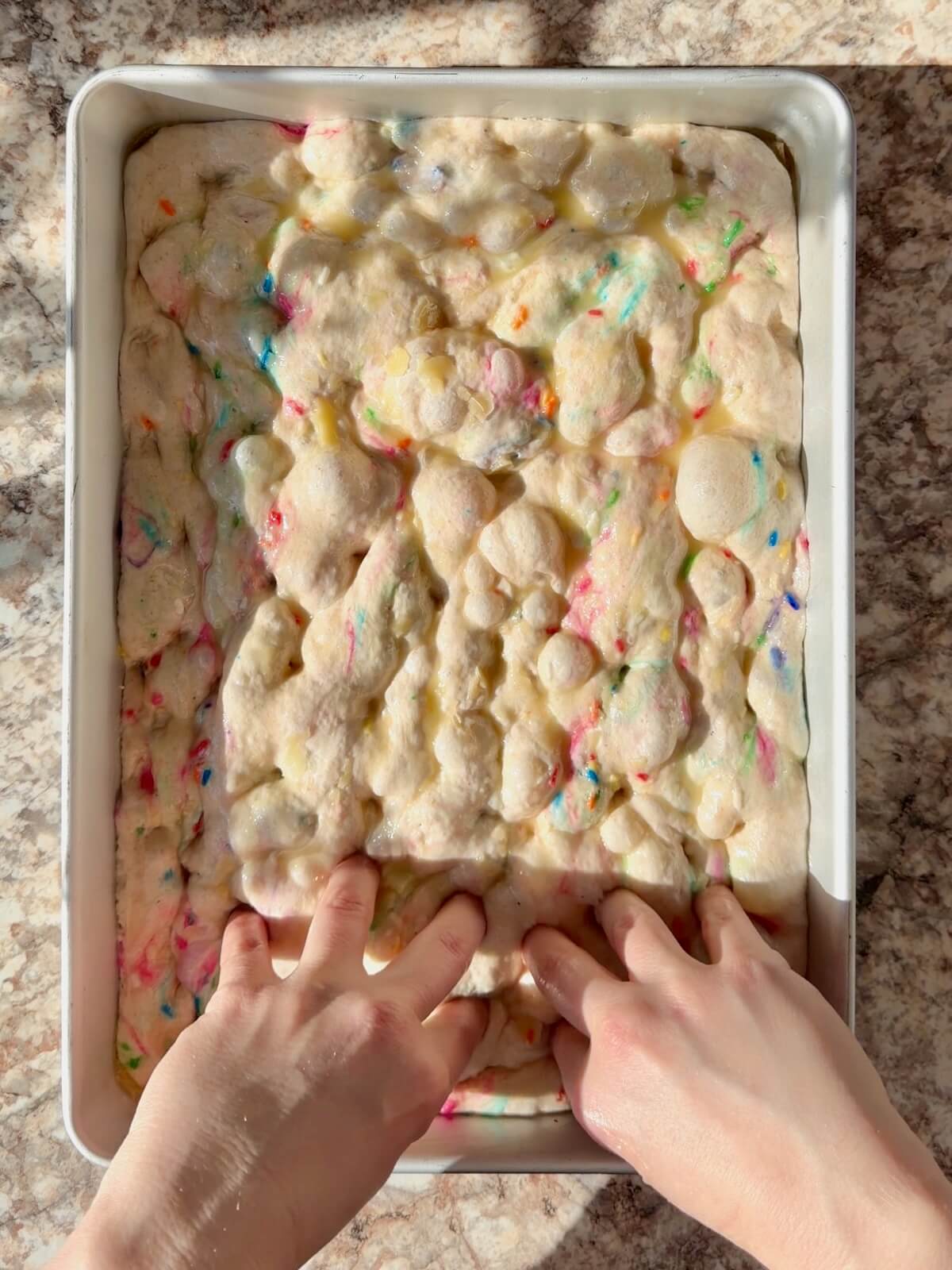 Two hands dimpling sourdough funfetti focaccia in a baking pan.