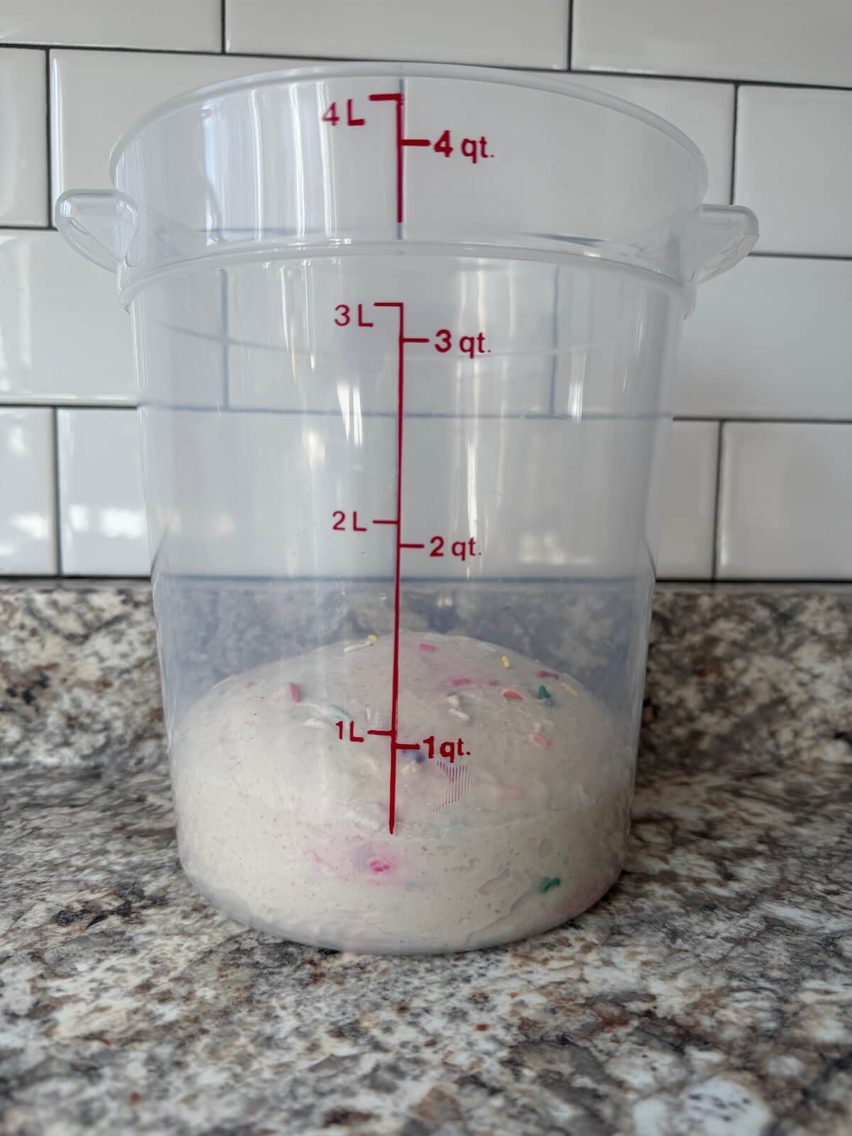 Sourdough funfetti focaccia dough in a straight-sided container before bulk fermenting.