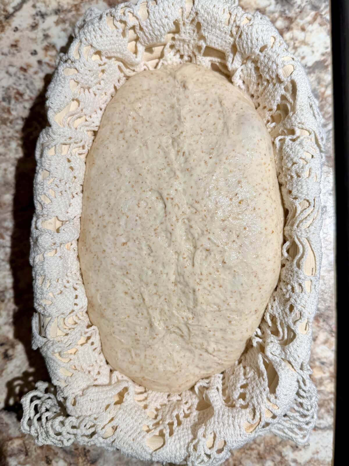 The dough in a banneton basket after proofing.