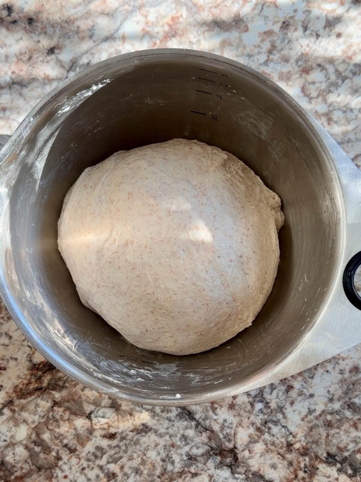 Same day sourdough bread dough in a bowl after being stretched and folded.