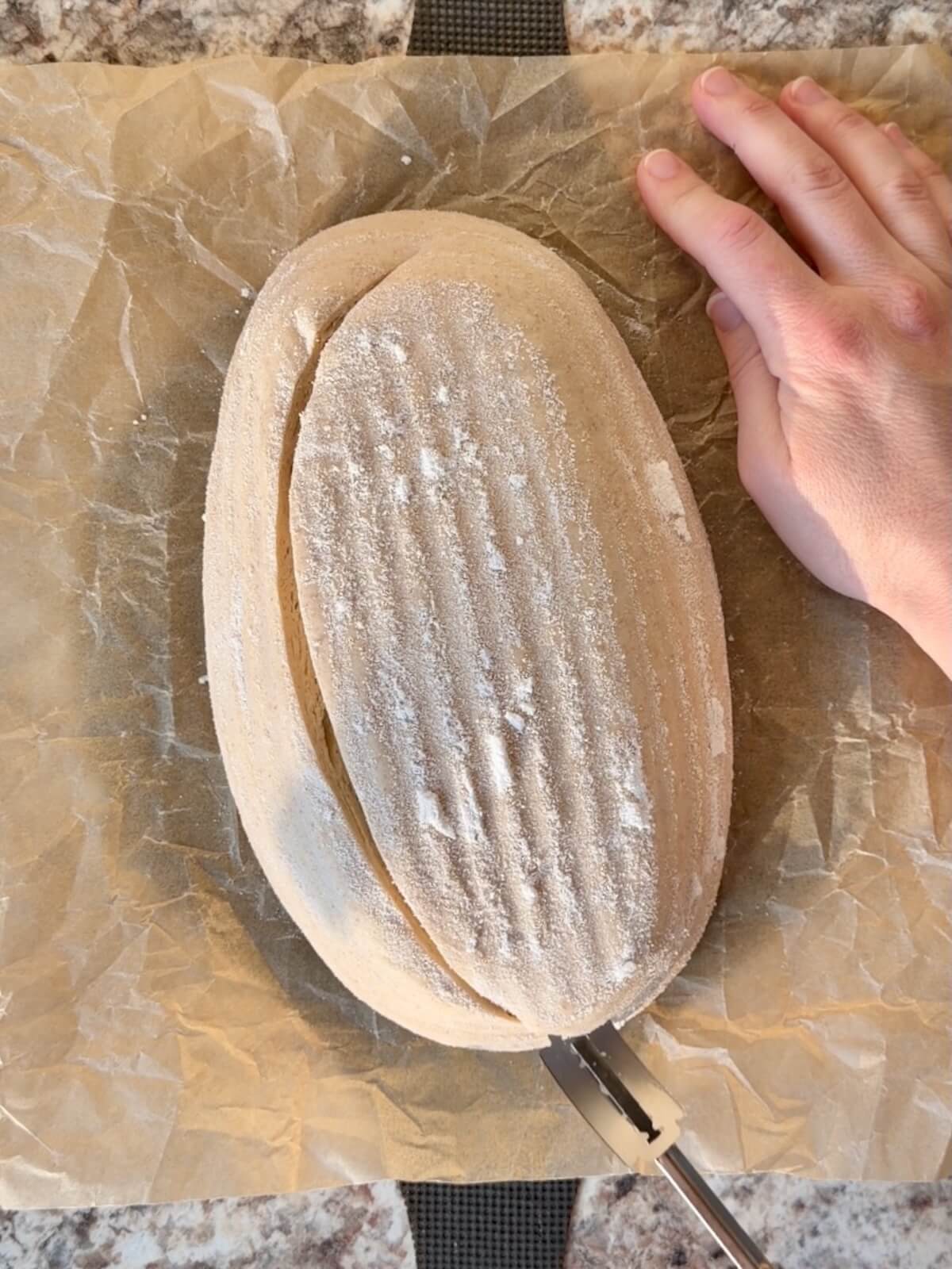 Beer sourdough bread on a sheet of parchment paper being scored before baking.