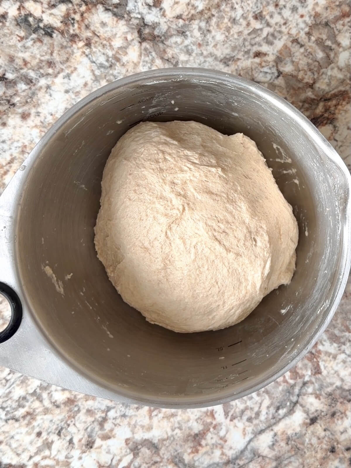 Stretched and folded beer sourdough bread dough in a bowl.