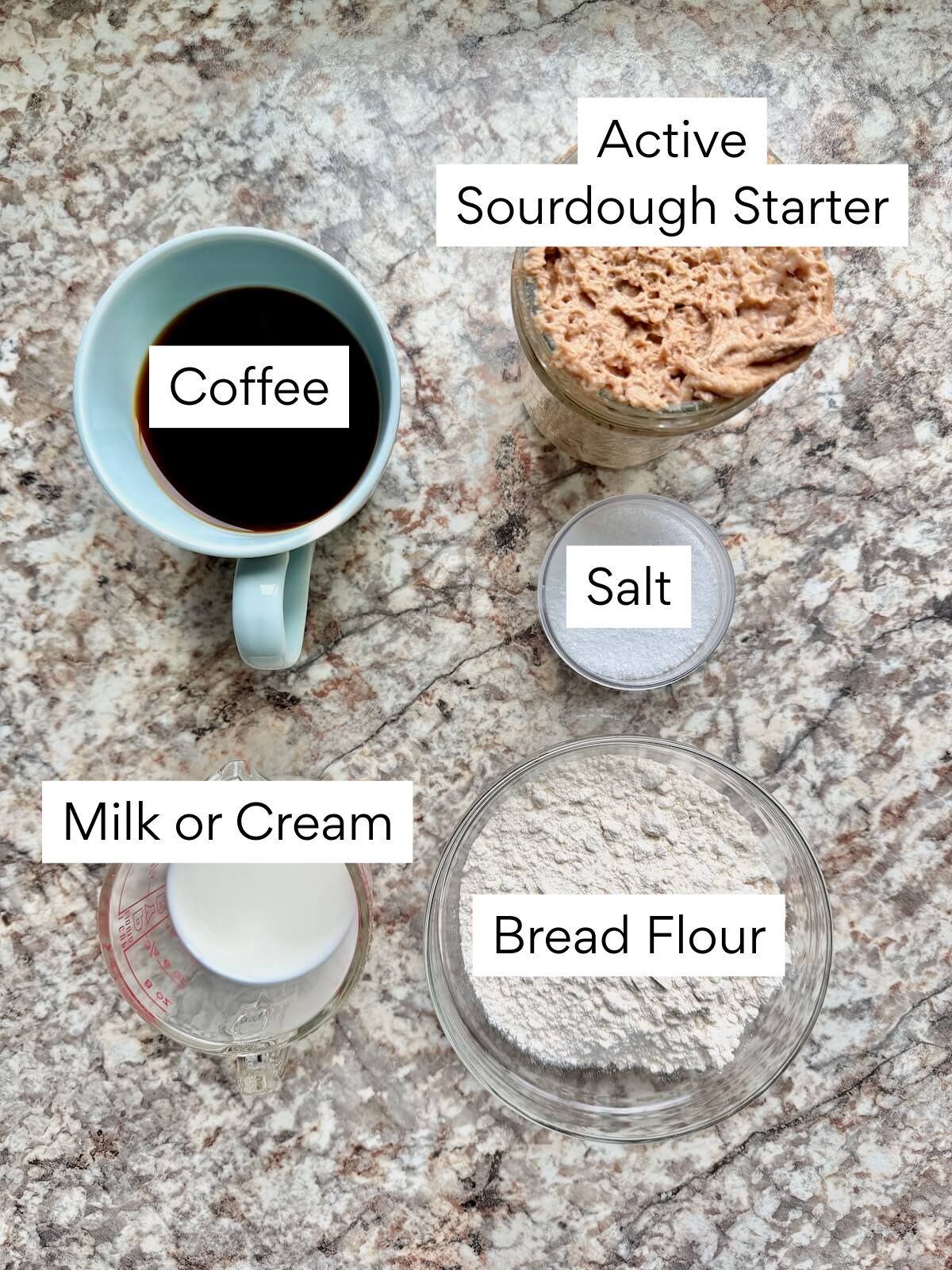 The ingredients to make coffee sourdough bread. Each ingredient is labeled with text. They include coffee, active sourdough starter, milk or cream, salt, and bread flour.