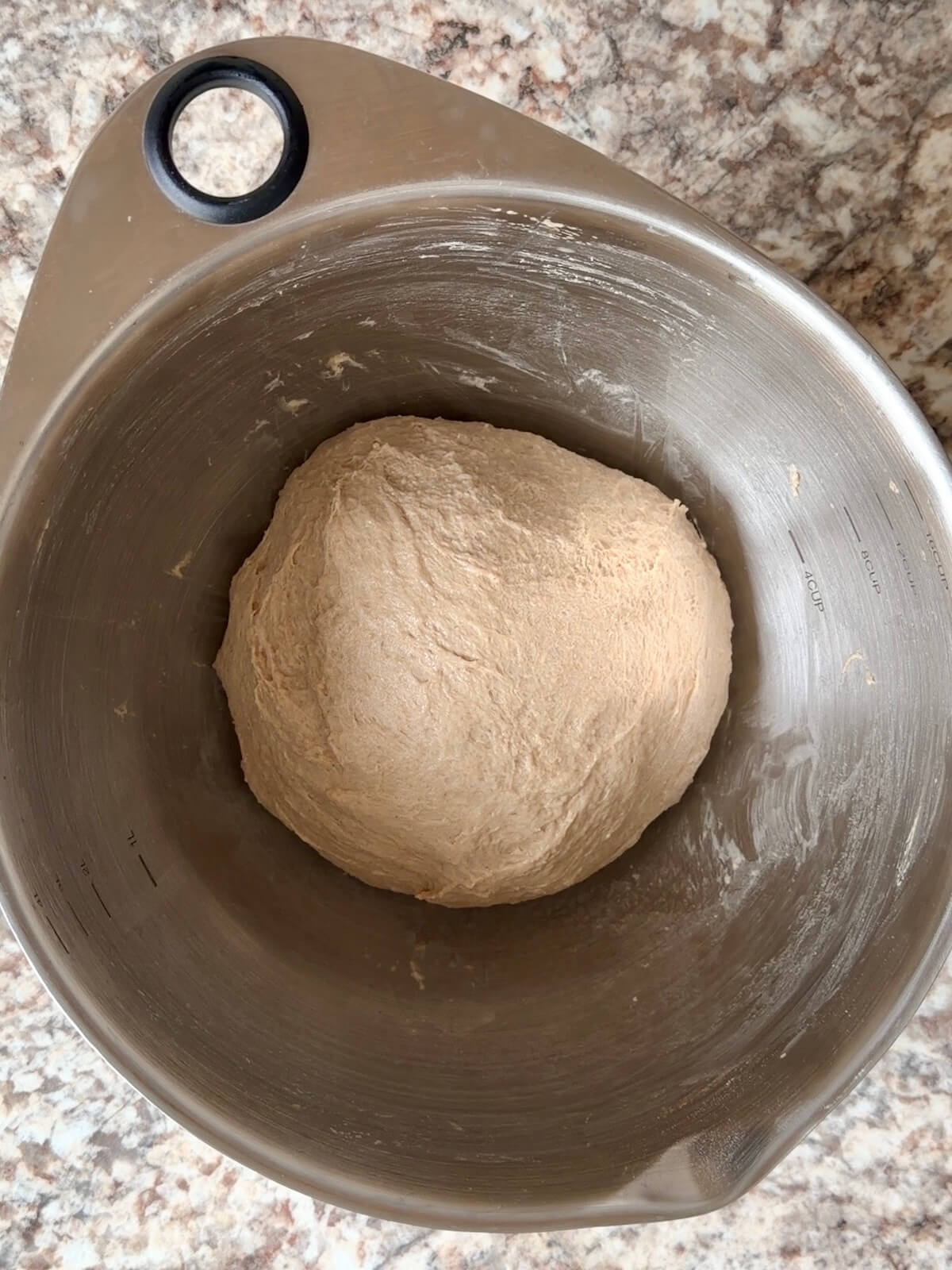 Root beer sourdough bread dough after being stretched and folded.
