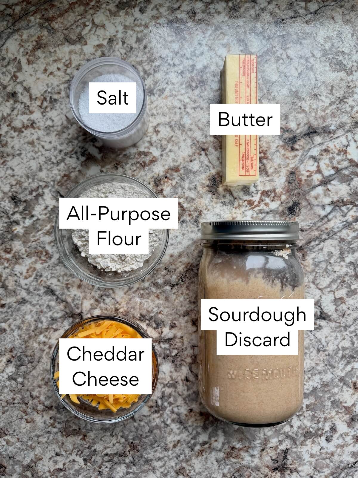 The ingredients to make sourdough cheese crackers. Each ingredient is labeled with text. They include cheddar cheese, sourdough discard, all-purpose flour, butter, and salt.