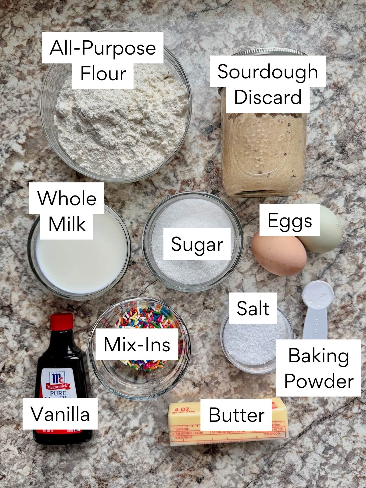 The ingredients to make sourdough mini muffins. Each ingredient is labeled with text. They include all-purpose flour, sourdough discard, whole milk, sugar, eggs, salt, baking powder, butter, vanilla, and mix-ins.