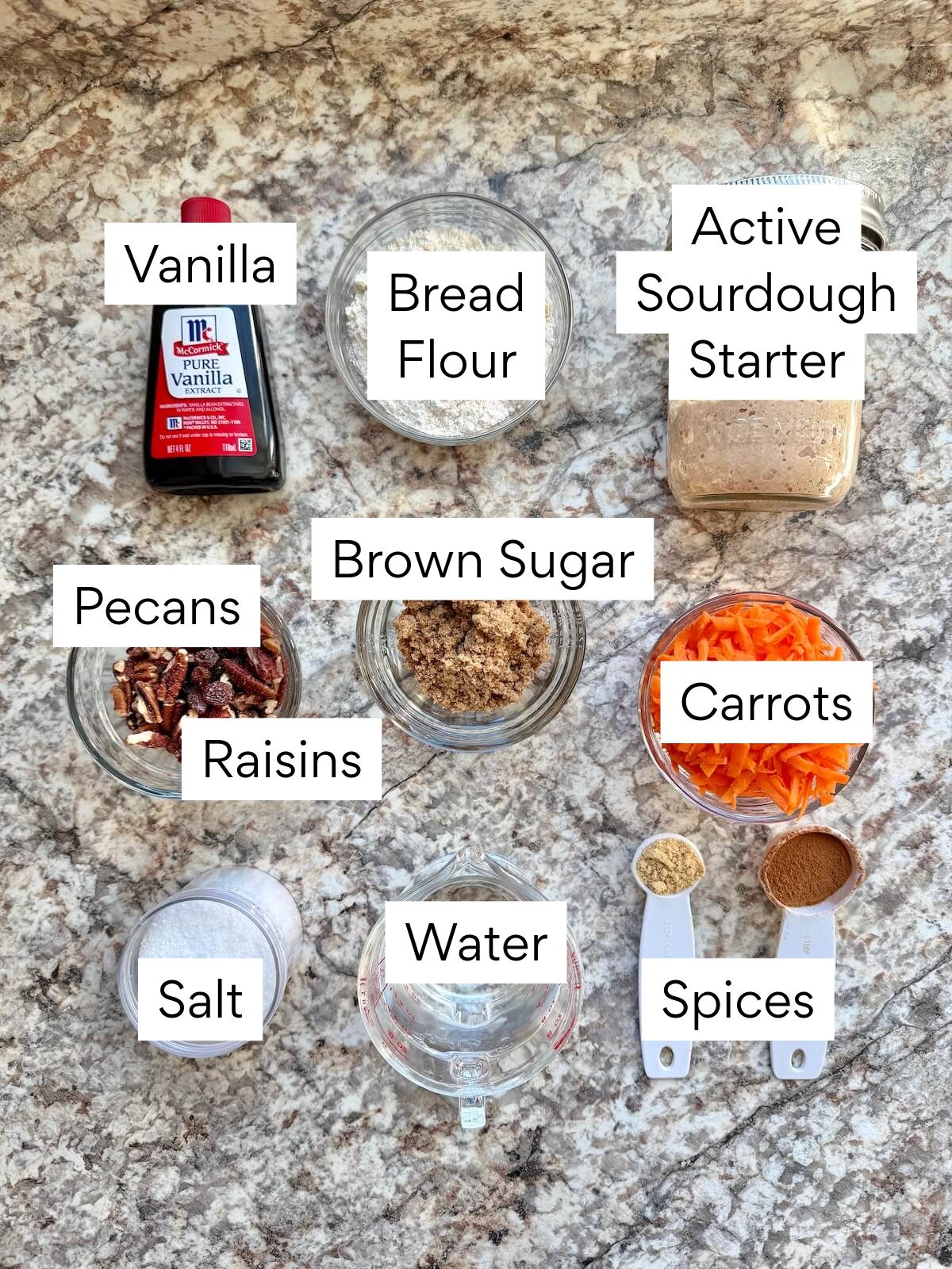 The ingredients to make carrot cake sourdough bread. Each ingredient is labeled with text. They include active sourdough starter, bread flour, vanilla, pecans, raisins, brown sugar, carrots, spices, water, and salt.