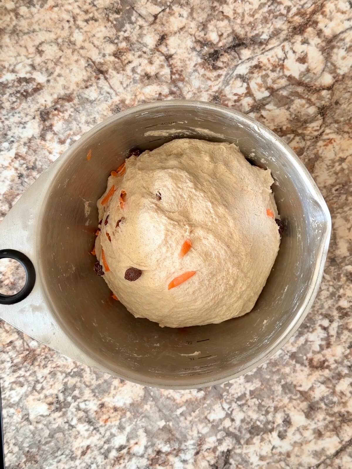 Carrot cake sourdough bread dough after being stretched and folded in a mixing bowl.