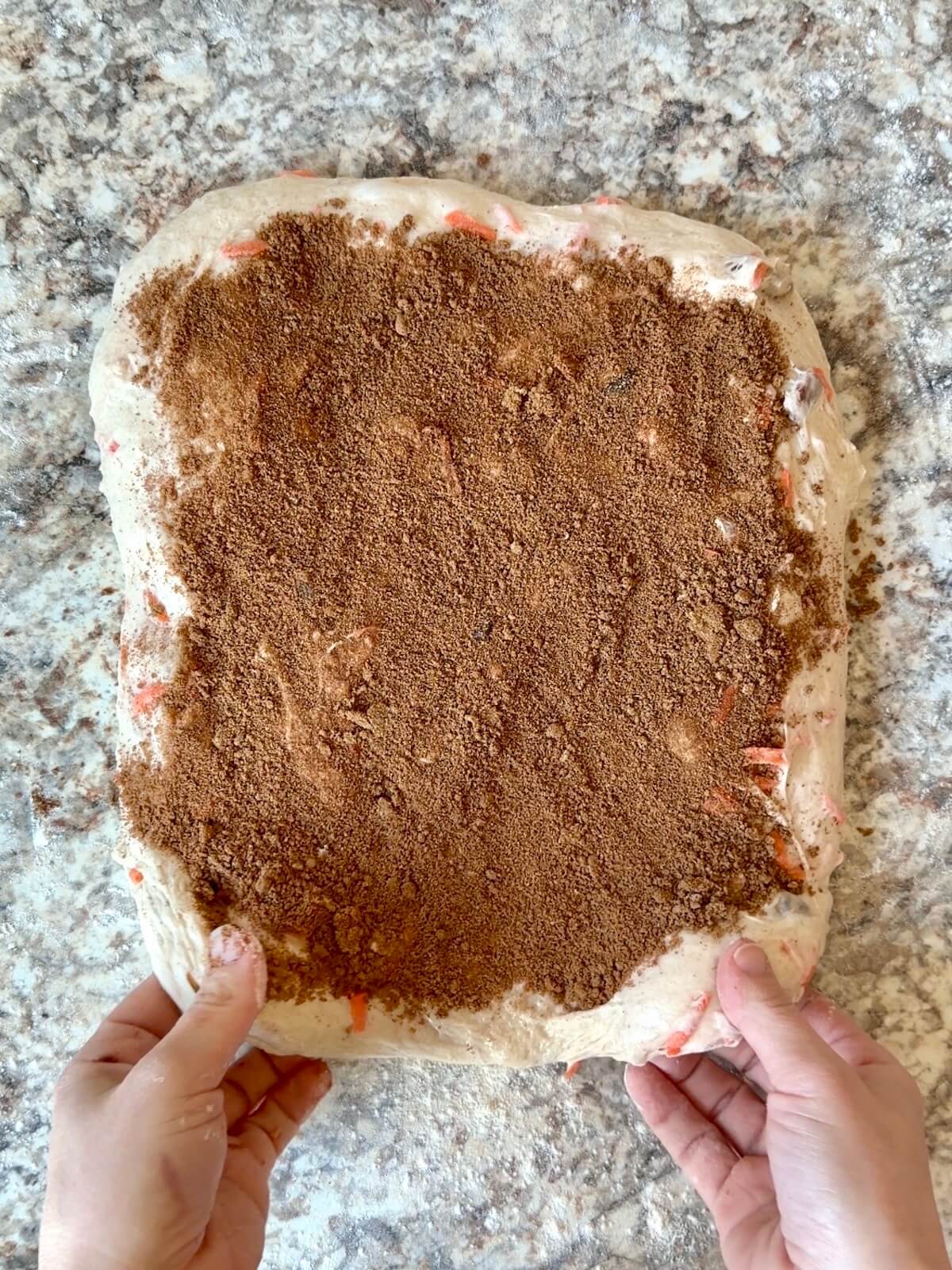 A mixture of brown sugar and warm spices sprinkled over the dough.