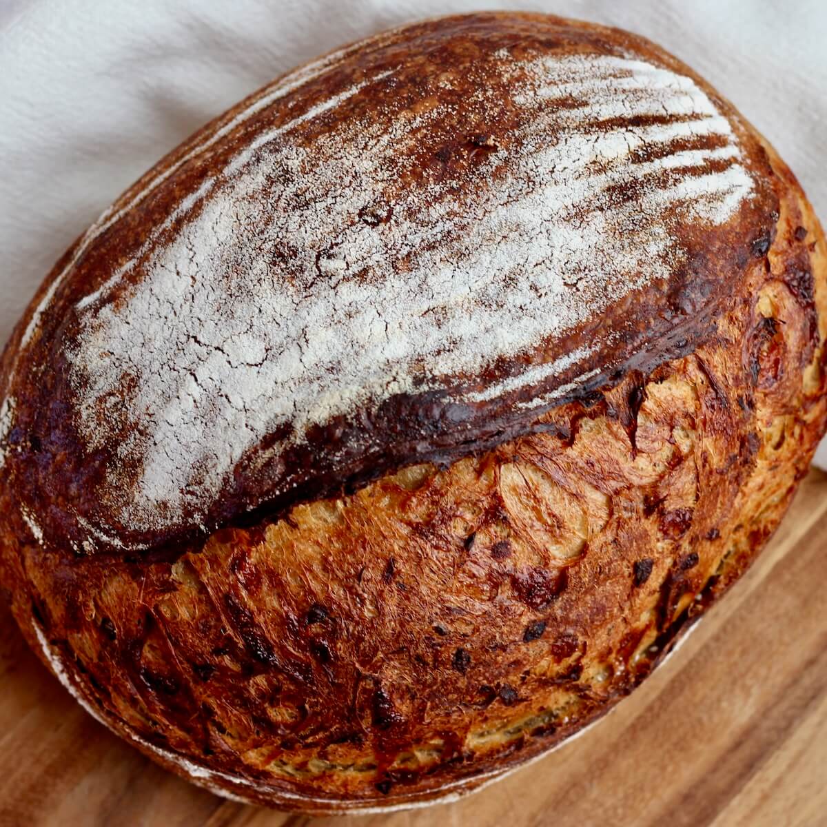 A whole loaf of French onion soup sourdough bread.