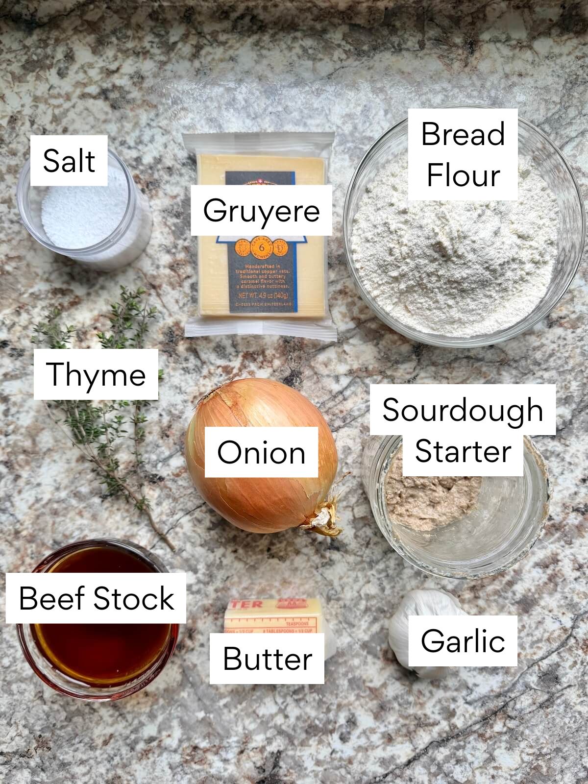 The ingredients to make French onion soup sourdough bread. Each ingredient is labeled with text. They include bread flour, sourdough starter, onion, beef stock, garlic, thyme, Gruyere, butter, and salt.