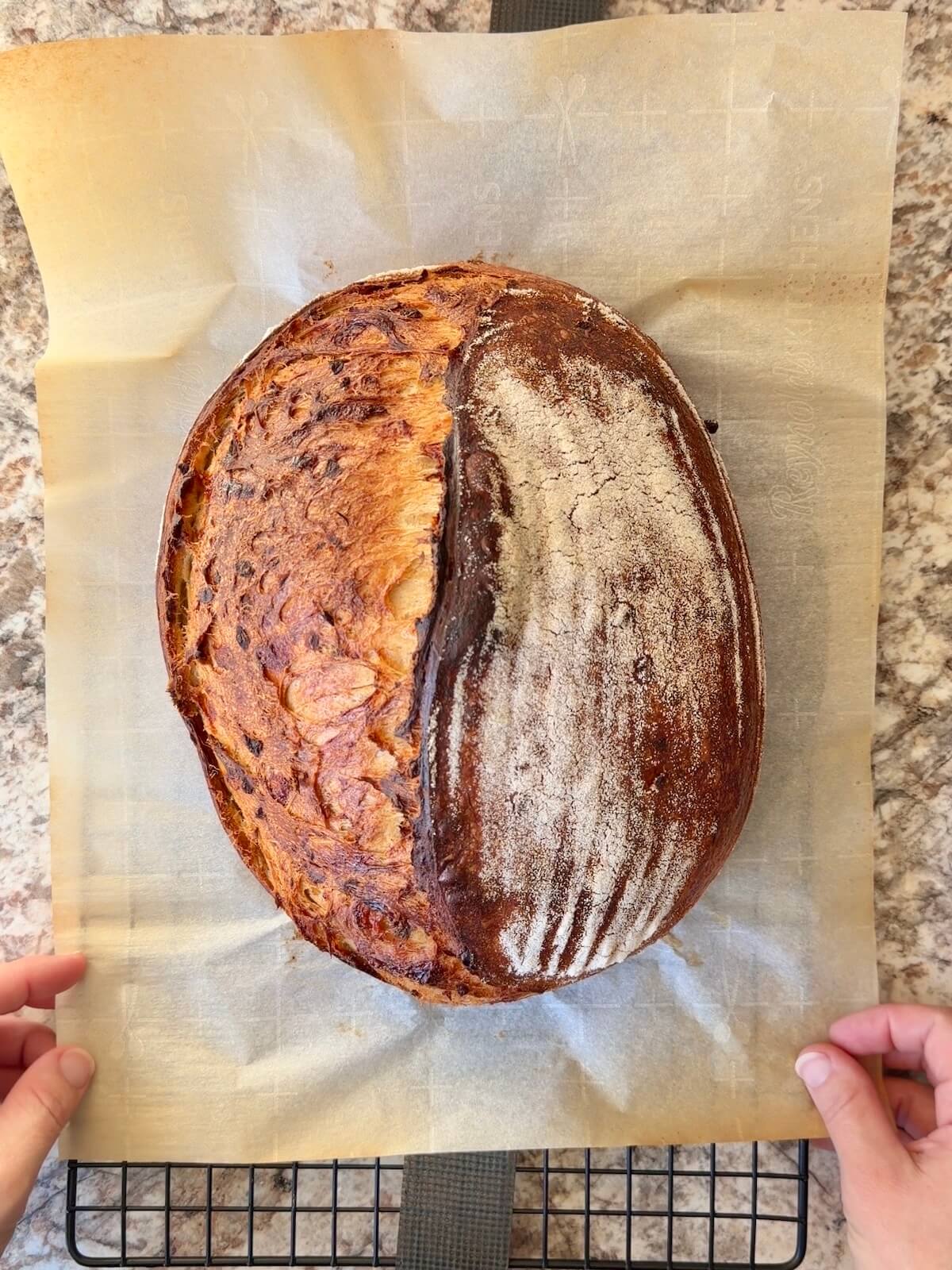 A baked loaf of French onion soup sourdough bread on a wire cooling rack.
