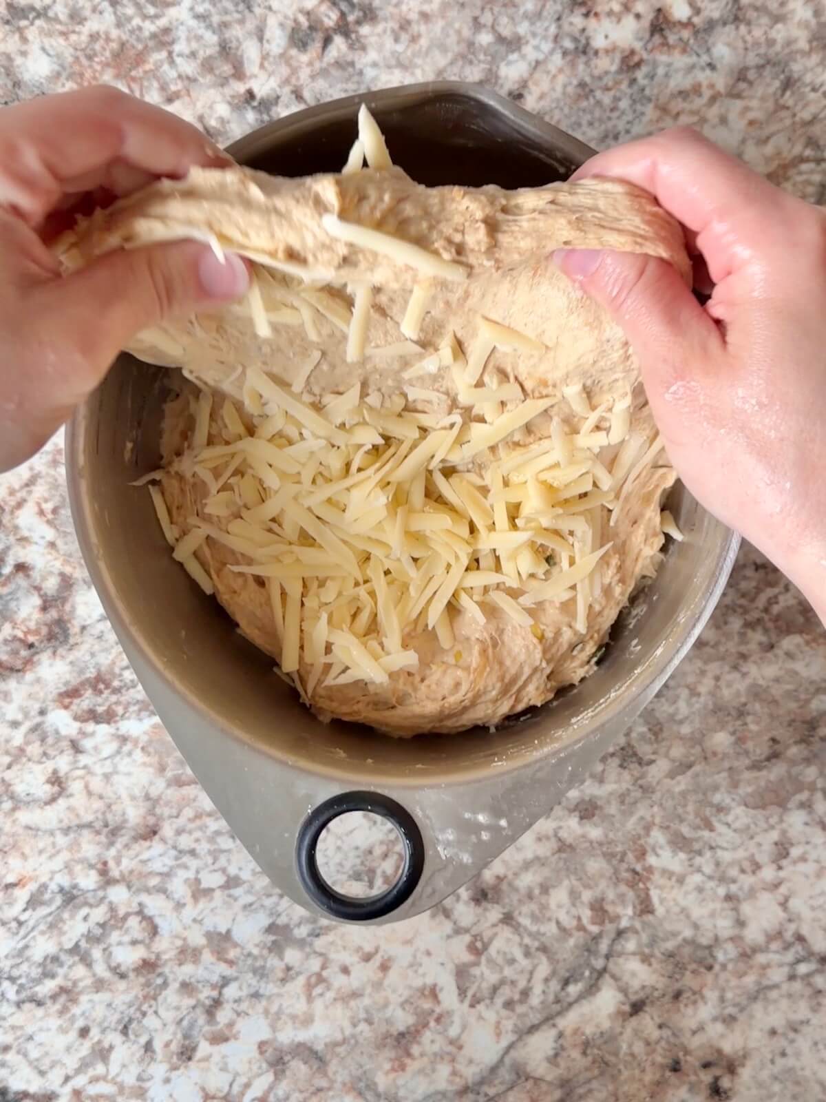 Gruyere cheese being folded into sourdough bread dough.