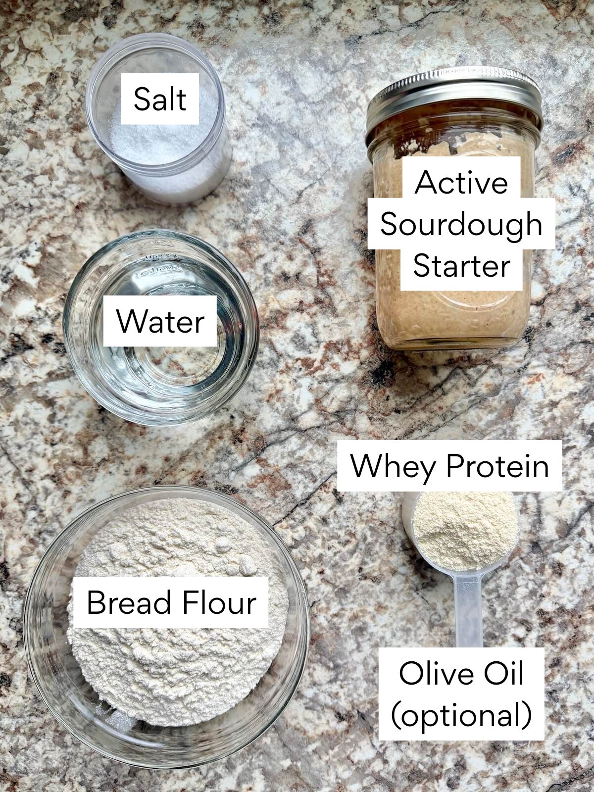 Ingredients to make high-protein sourdough pizza dough. Each ingredient is labeled with text. They include active sourdough starter, whey protein, bread flour, water, salt, and olive oil.