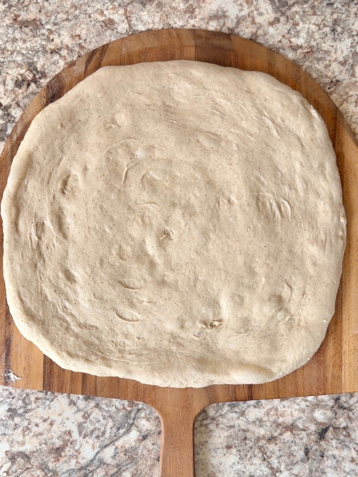 High-protein sourdough pizza dough stretched out on a pizza peel.