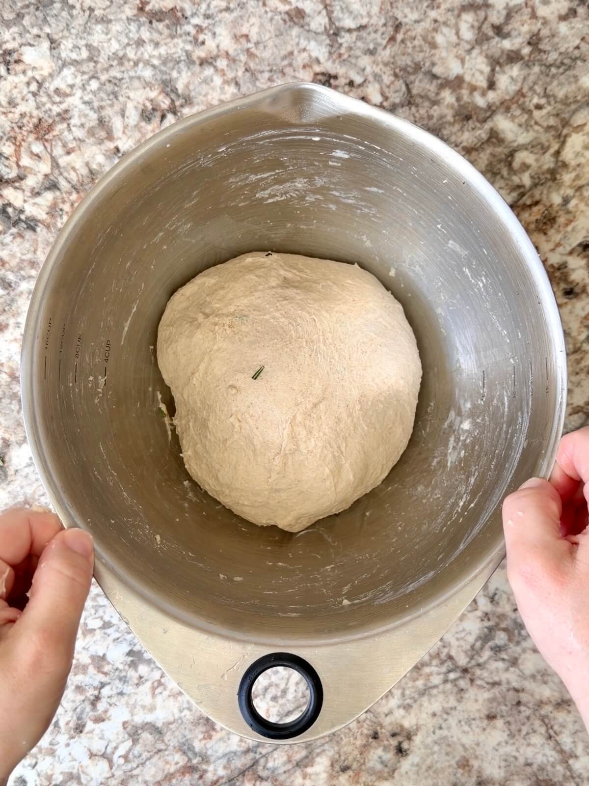 A stretched and folded dough ball of parmesan rosemary sourdough in a bowl.