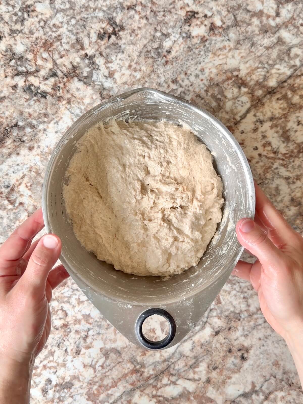 Sourdough bread dough in a bowl.