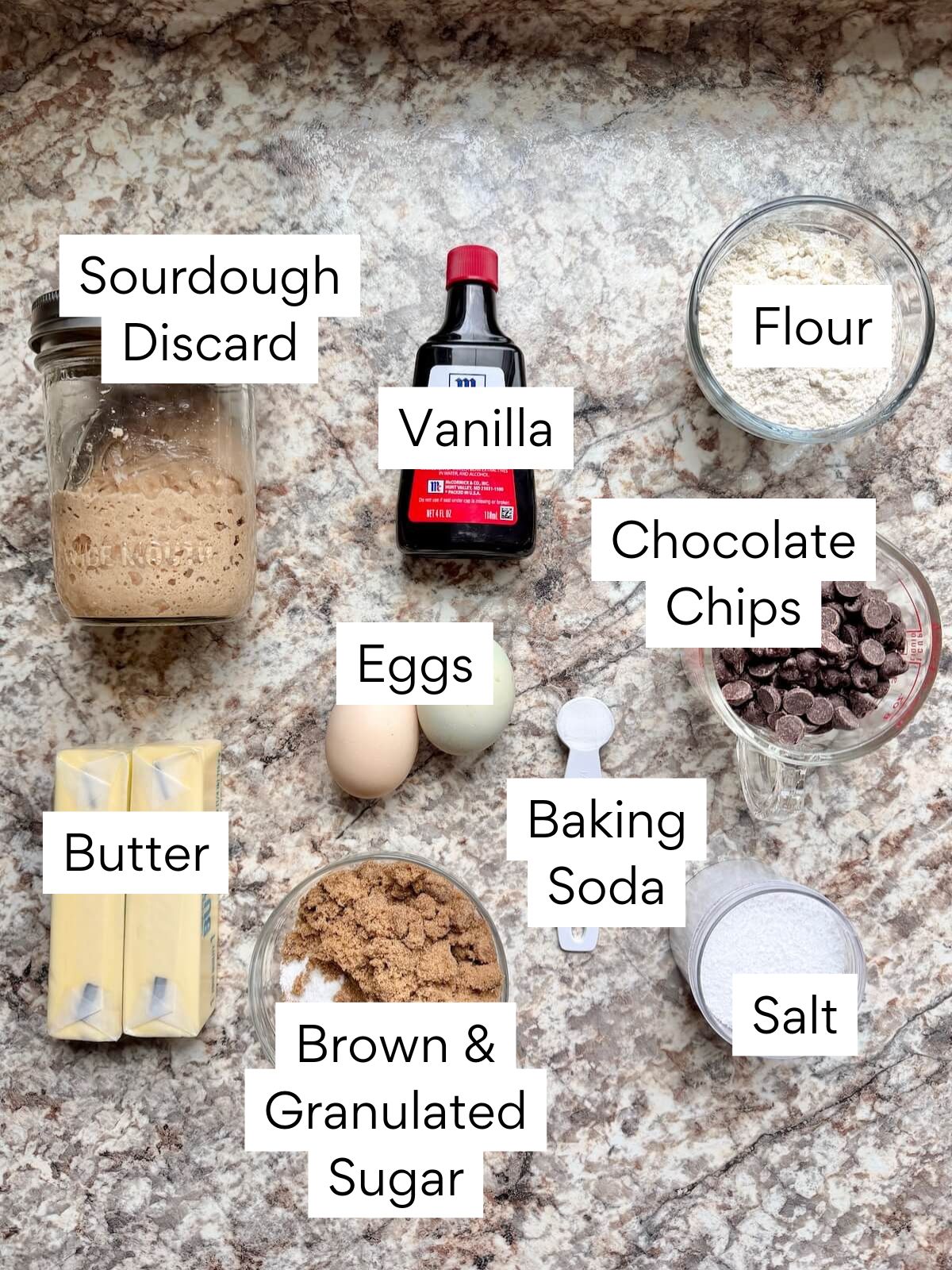 The ingredients to make sourdough skillet cookie. Each ingredient is labeled with text. They include sourdough discard, flour, vanilla, chocolate chips, eggs, baking soda, butter, brown sugar, granulated sugar, and salt.