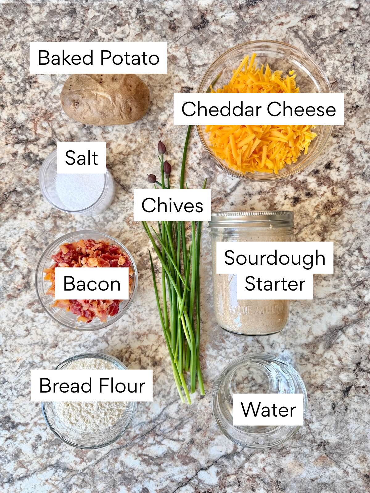 The ingredients to make loaded baked potato sourdough bread. Each ingredient is labeled with text. They include baked potato, cheddar cheese, salt, chives, bacon, sourdough starter, bread flour, and water.